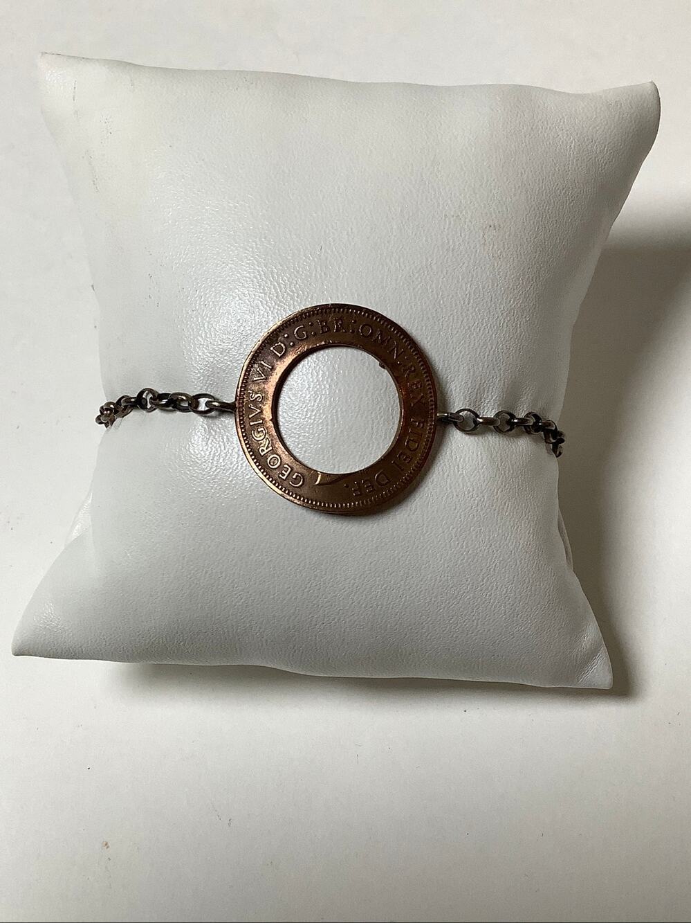 925 Silver Vintage Bronze Half Penny Hollowed Out Coin Chain Bracelet C32-10